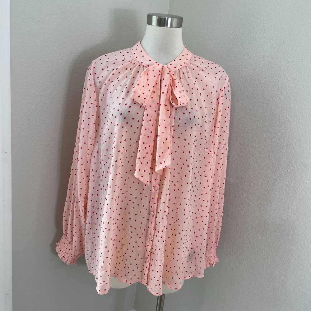 Torrid‎ Womens Plus 2X Pink Polka Dot Tie Neck Blouse Long Sleeve Shirt Top